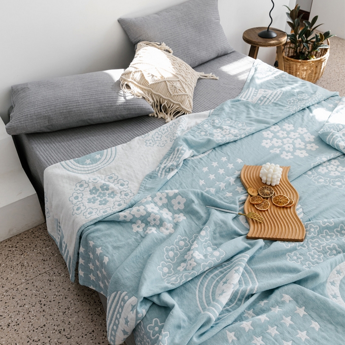 91家纺网 家纺一手货源 找家纺 朴尔家纺-毛巾被 2026春夏新款加厚三层水洗棉全棉纯棉纱布毛巾被夏被夏凉被空调被 星星点点-兰