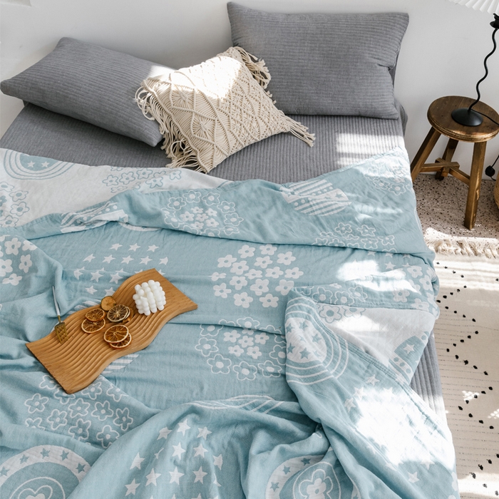 91家纺网 家纺一手货源 找家纺 朴尔家纺-毛巾被 2026春夏新款加厚三层水洗棉全棉纯棉纱布毛巾被夏被夏凉被空调被 星星点点-兰