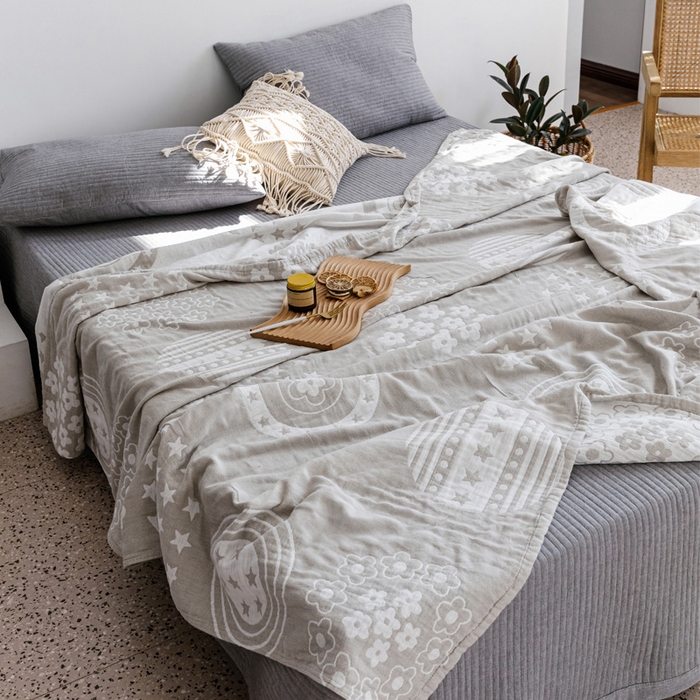 朴尔家纺-毛巾被 2026春夏新款加厚三层水洗棉全棉纯棉纱布毛巾被夏被夏凉被空调被 星星点点-浅灰