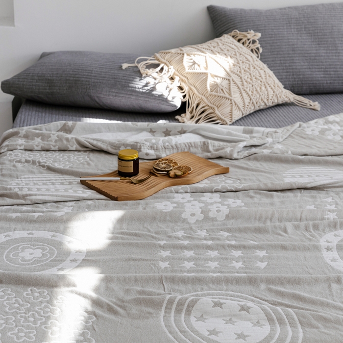 91家纺网 家纺一手货源 找家纺 朴尔家纺-毛巾被 2026春夏新款加厚三层水洗棉全棉纯棉纱布毛巾被夏被夏凉被空调被 星星点点-浅灰