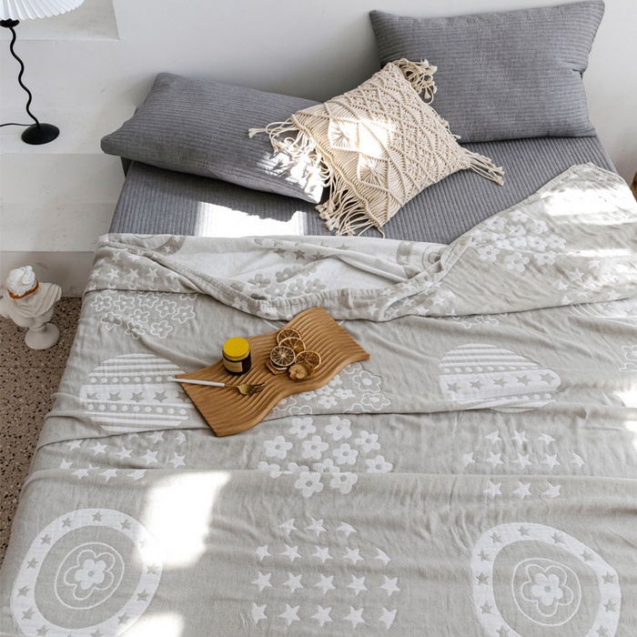 91家纺网 家纺一手货源 找家纺 朴尔家纺-毛巾被 2026春夏新款加厚三层水洗棉全棉纯棉纱布毛巾被夏被夏凉被空调被 星星点点-浅灰