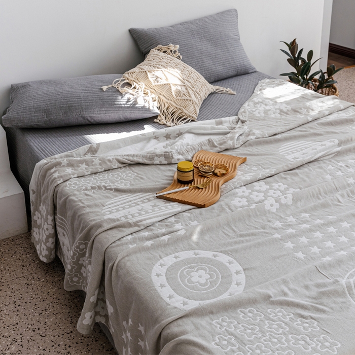 91家纺网 家纺一手货源 找家纺 朴尔家纺-毛巾被 2026春夏新款加厚三层水洗棉全棉纯棉纱布毛巾被夏被夏凉被空调被 星星点点-浅灰