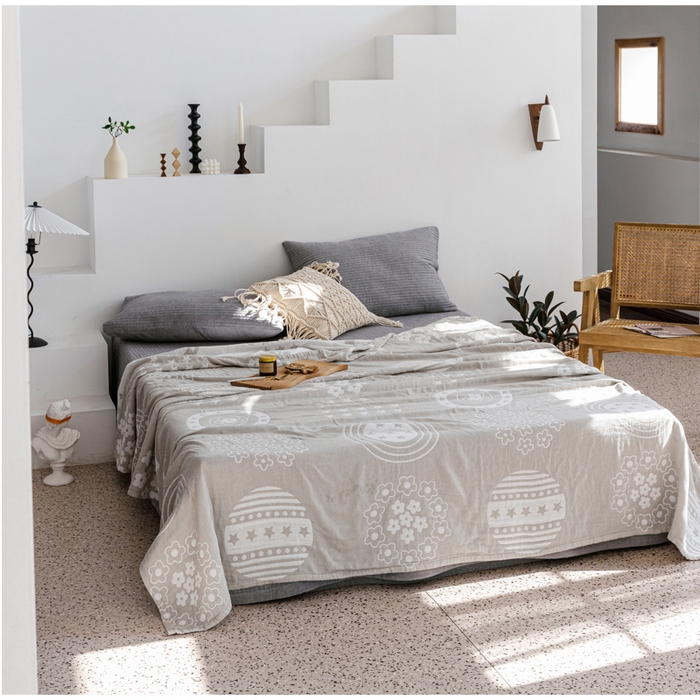 91家纺网 家纺一手货源 找家纺 朴尔家纺-毛巾被 2026春夏新款加厚三层水洗棉全棉纯棉纱布毛巾被夏被夏凉被空调被 星星点点-浅灰