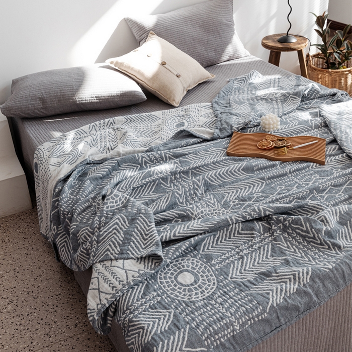 91家纺网 家纺一手货源 找家纺 朴尔家纺-毛巾被 2026春夏新款加厚三层水洗棉全棉纯棉纱布毛巾被夏被夏凉被空调被 印第安图腾-灰