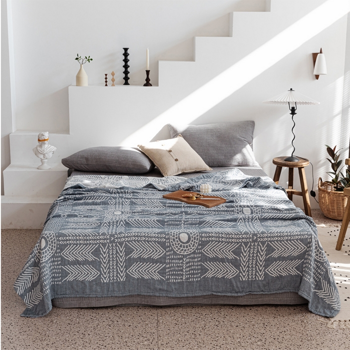 91家纺网 家纺一手货源 找家纺 朴尔家纺-毛巾被 2026春夏新款加厚三层水洗棉全棉纯棉纱布毛巾被夏被夏凉被空调被 印第安图腾-灰