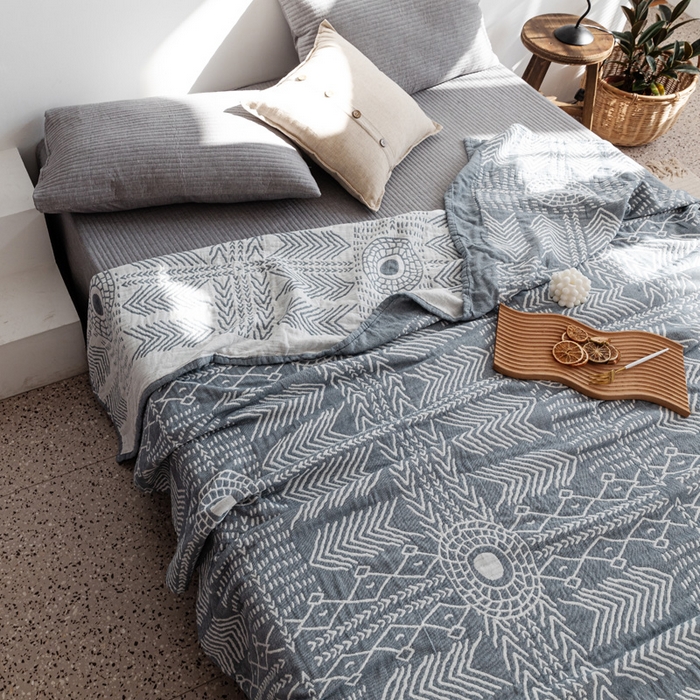 91家纺网 家纺一手货源 找家纺 朴尔家纺-毛巾被 2026春夏新款加厚三层水洗棉全棉纯棉纱布毛巾被夏被夏凉被空调被 印第安图腾-灰