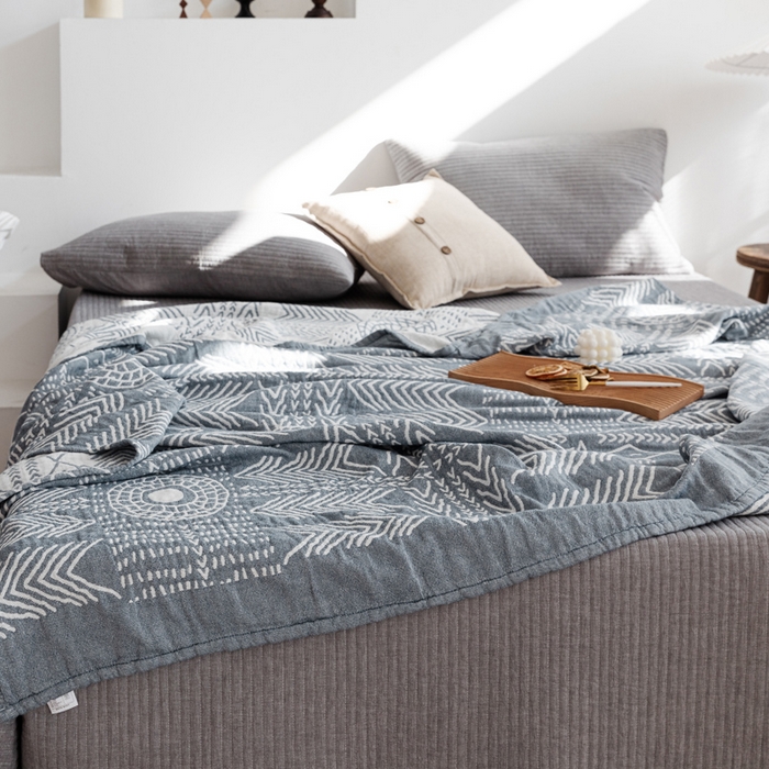 91家纺网 家纺一手货源 找家纺 朴尔家纺-毛巾被 2026春夏新款加厚三层水洗棉全棉纯棉纱布毛巾被夏被夏凉被空调被 印第安图腾-灰