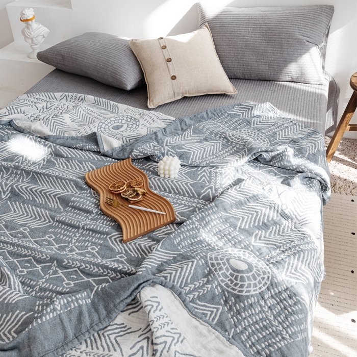 91家纺网 家纺一手货源 找家纺 朴尔家纺-毛巾被 2026春夏新款加厚三层水洗棉全棉纯棉纱布毛巾被夏被夏凉被空调被 印第安图腾-灰