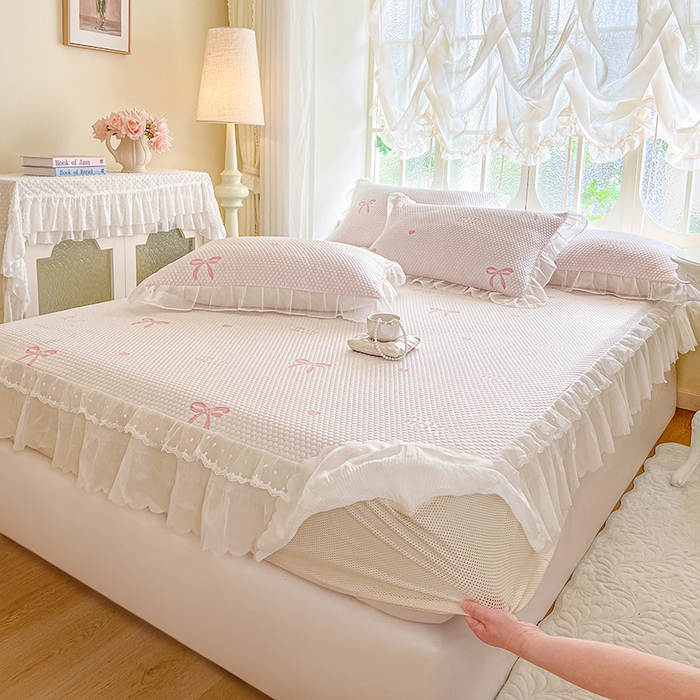 91家纺网 家纺一手货源 找家纺 网红馆（ck家纺） 2026新款小清新床笠式床裙豆豆凉席三件套 甜心蝴蝶-粉