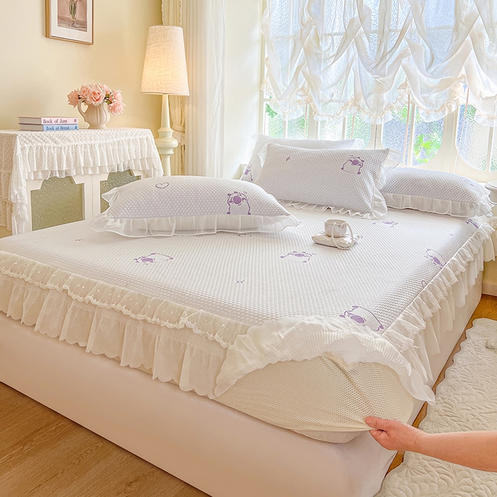 网红馆（ck家纺） 2026新款小清新床笠式床裙豆豆凉席三件套 可爱巴拉-紫