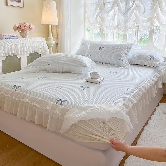 网红馆（ck家纺） 2026新款小清新床笠式床裙豆豆凉席三件套 甜心蝴蝶-蔚蓝