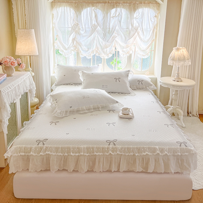 91家纺网 家纺一手货源 找家纺 网红馆（ck家纺） 2026新款小清新床笠式床裙豆豆凉席三件套 甜心蝴蝶-灰