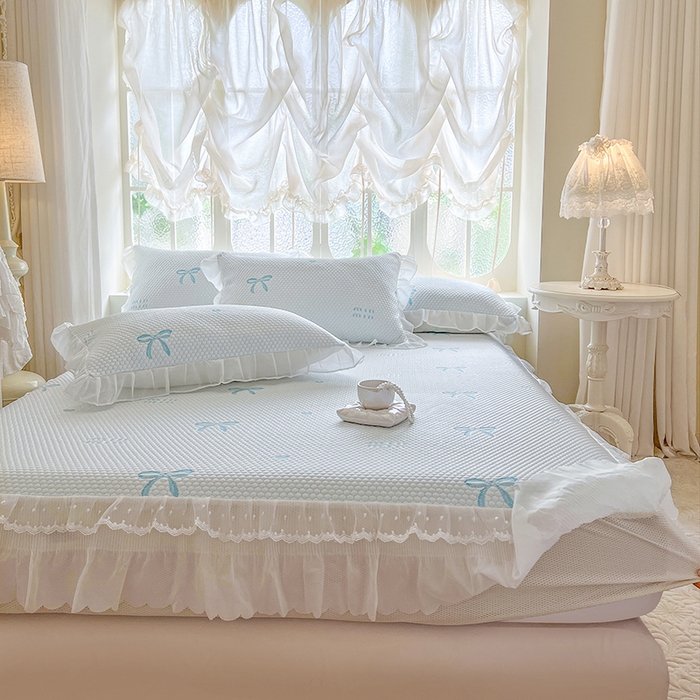91家纺网 家纺一手货源 找家纺 网红馆（ck家纺） 2026新款小清新床笠式床裙豆豆凉席三件套 甜心蝴蝶-天蓝