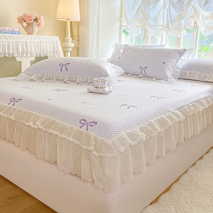 91家纺网 家纺一手货源 找家纺 网红馆（ck家纺） 2026新款小清新床笠式床裙豆豆凉席三件套 甜心蝴蝶-紫