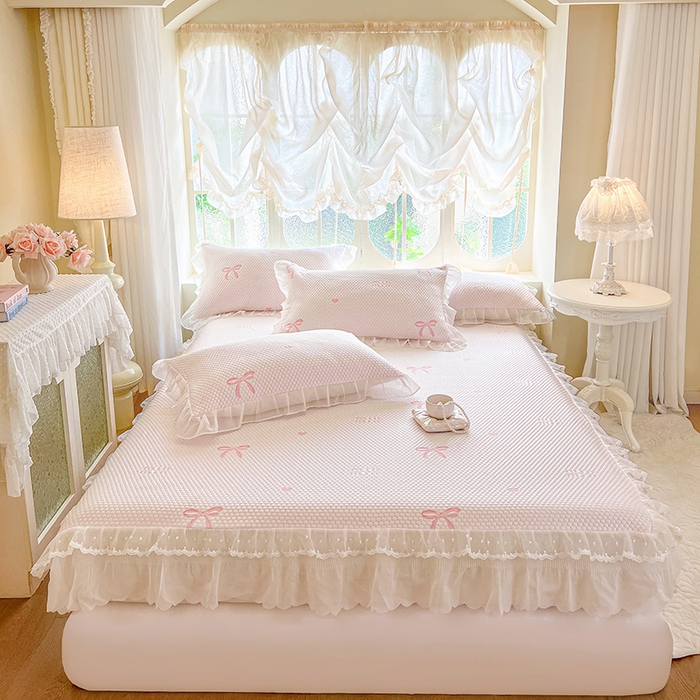 91家纺网 家纺一手货源 找家纺 网红馆（ck家纺） 2026新款小清新床笠式床裙豆豆凉席三件套 甜心蝴蝶-粉