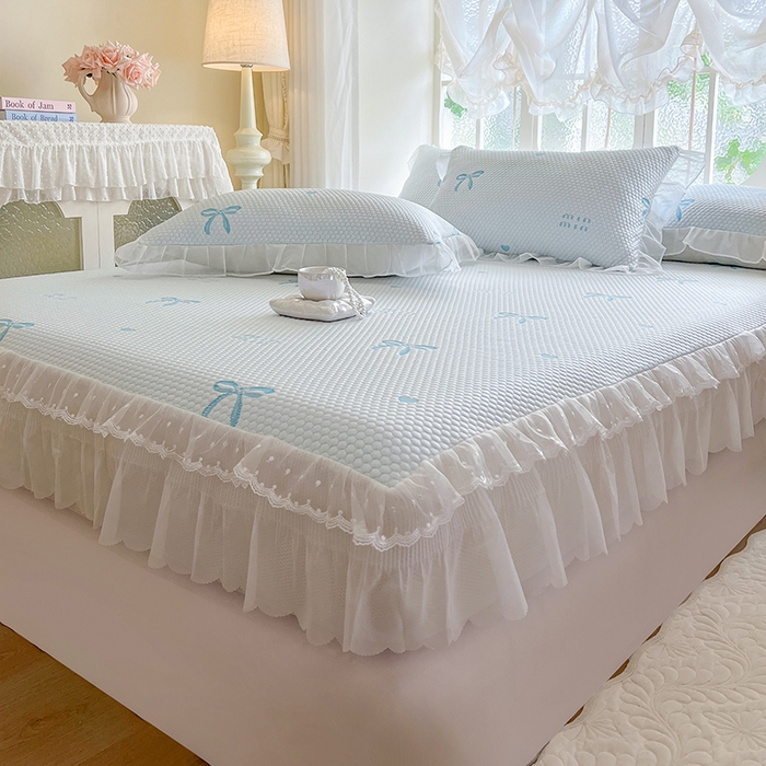 91家纺网 家纺一手货源 找家纺 网红馆（ck家纺） 2026新款小清新床笠式床裙豆豆凉席三件套 甜心蝴蝶-天蓝