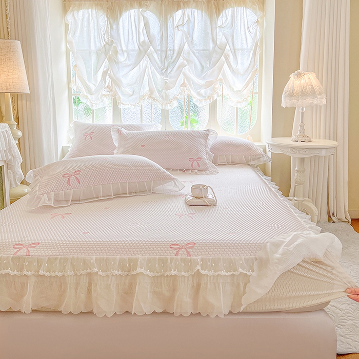 91家纺网 家纺一手货源 找家纺 网红馆（ck家纺） 2026新款小清新床笠式床裙豆豆凉席三件套 甜心蝴蝶-粉