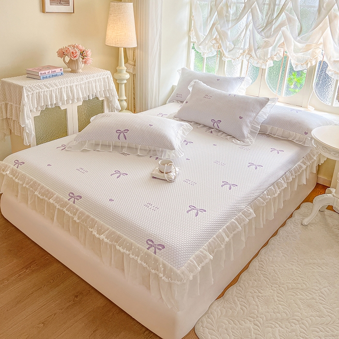 91家纺网 家纺一手货源 找家纺 网红馆（ck家纺） 2026新款小清新床笠式床裙豆豆凉席三件套 甜心蝴蝶-紫