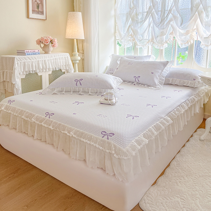 91家纺网 家纺一手货源 找家纺 网红馆（ck家纺） 2026新款小清新床笠式床裙豆豆凉席三件套 甜心蝴蝶-紫