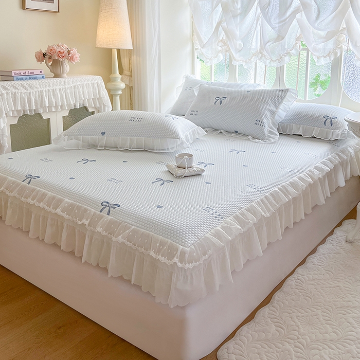 91家纺网 家纺一手货源 找家纺 网红馆（ck家纺） 2026新款小清新床笠式床裙豆豆凉席三件套 甜心蝴蝶-蔚蓝