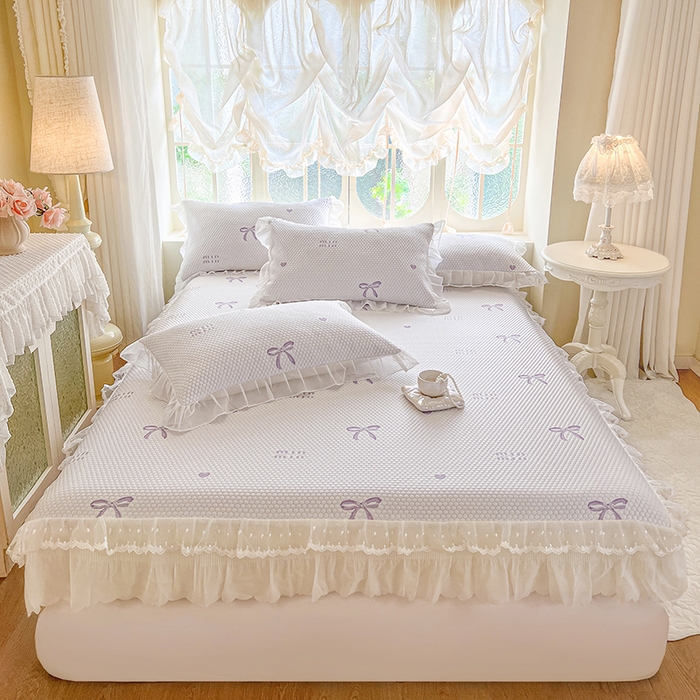 91家纺网 家纺一手货源 找家纺 网红馆（ck家纺） 2026新款小清新床笠式床裙豆豆凉席三件套 甜心蝴蝶-紫