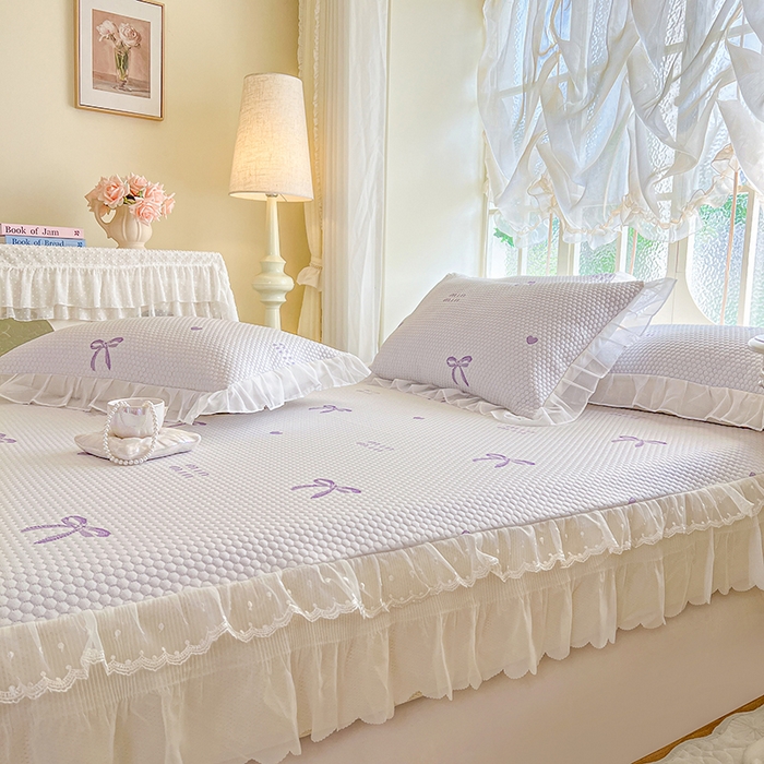 91家纺网 家纺一手货源 找家纺 网红馆（ck家纺） 2026新款小清新床笠式床裙豆豆凉席三件套 甜心蝴蝶-紫