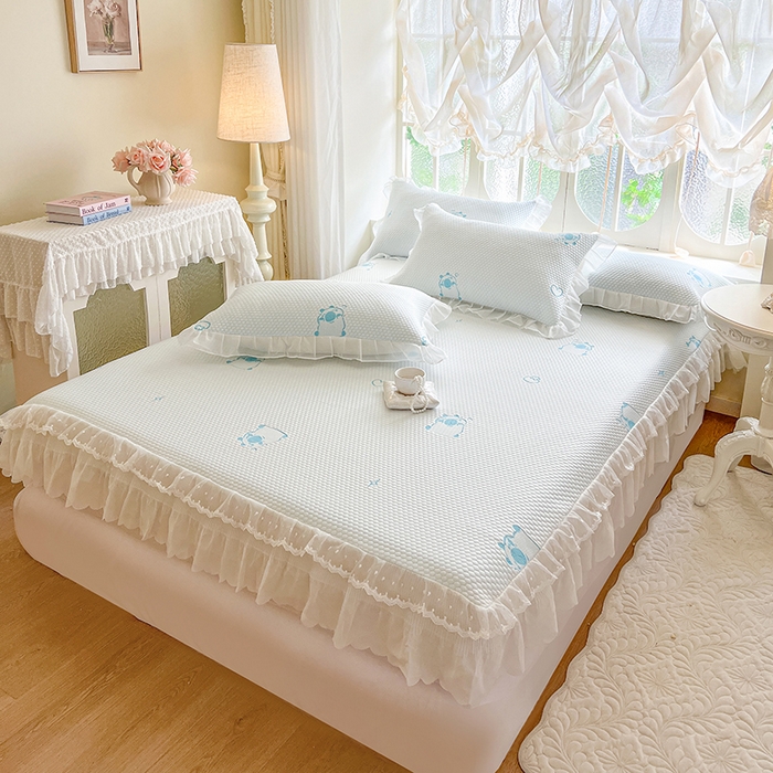 91家纺网 家纺一手货源 找家纺 网红馆（ck家纺） 2026新款小清新床笠式床裙豆豆凉席三件套 可爱巴拉-天蓝