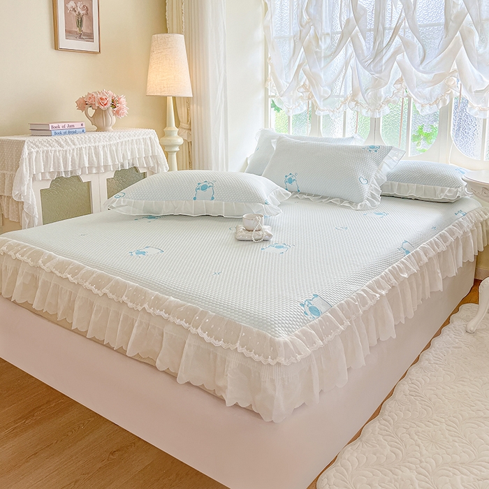 91家纺网 家纺一手货源 找家纺 网红馆（ck家纺） 2026新款小清新床笠式床裙豆豆凉席三件套 可爱巴拉-天蓝