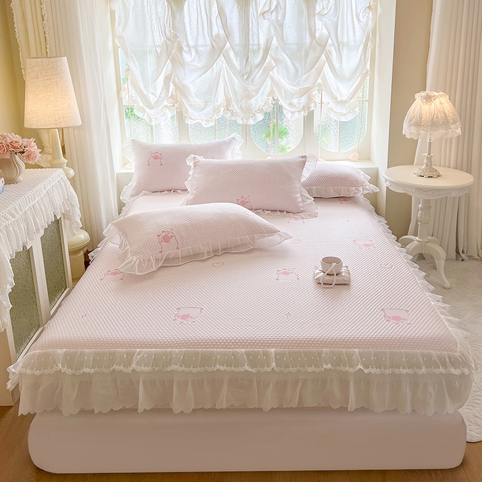 91家纺网 家纺一手货源 找家纺 网红馆（ck家纺） 2026新款小清新床笠式床裙豆豆凉席三件套 可爱巴拉-粉