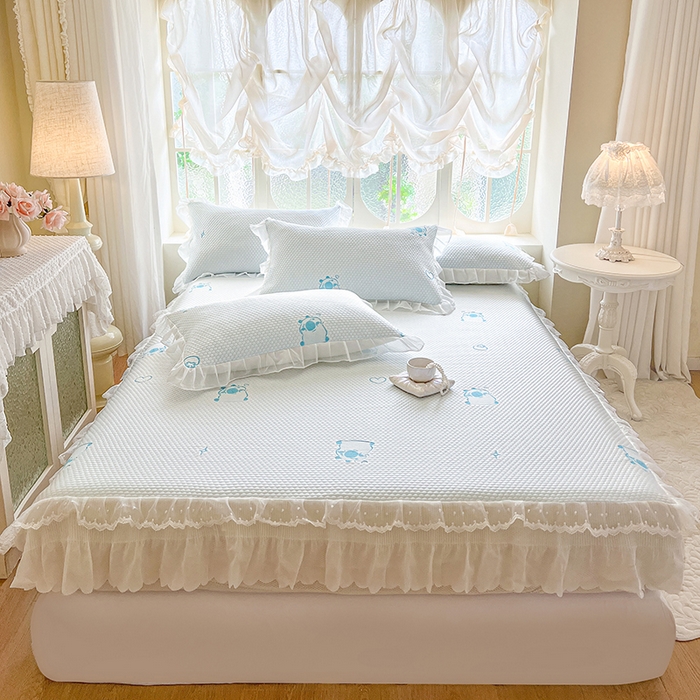 91家纺网 家纺一手货源 找家纺 网红馆（ck家纺） 2026新款小清新床笠式床裙豆豆凉席三件套 可爱巴拉-天蓝