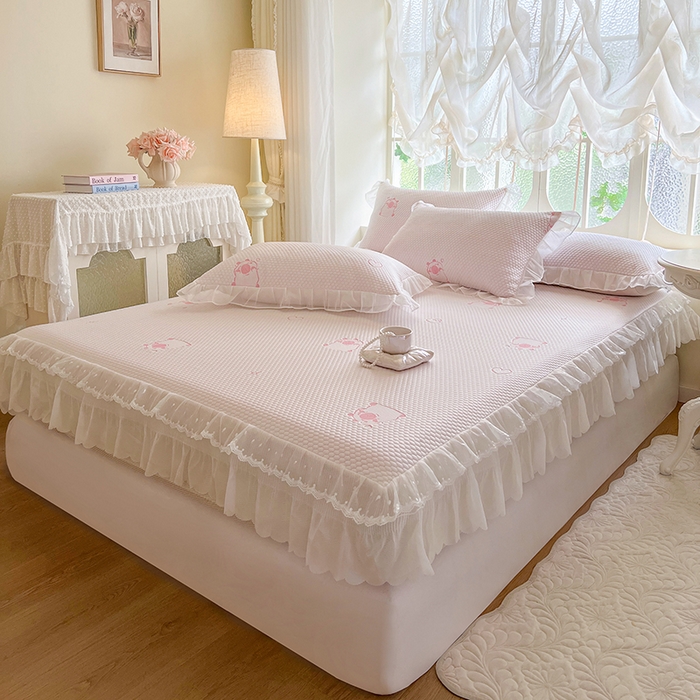 91家纺网 家纺一手货源 找家纺 网红馆（ck家纺） 2026新款小清新床笠式床裙豆豆凉席三件套 可爱巴拉-粉