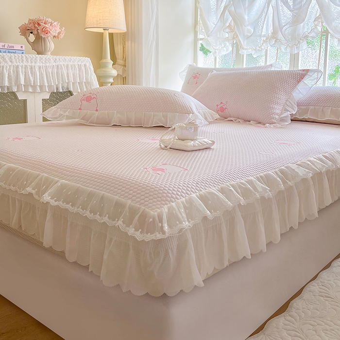 91家纺网 家纺一手货源 找家纺 网红馆（ck家纺） 2026新款小清新床笠式床裙豆豆凉席三件套 可爱巴拉-粉