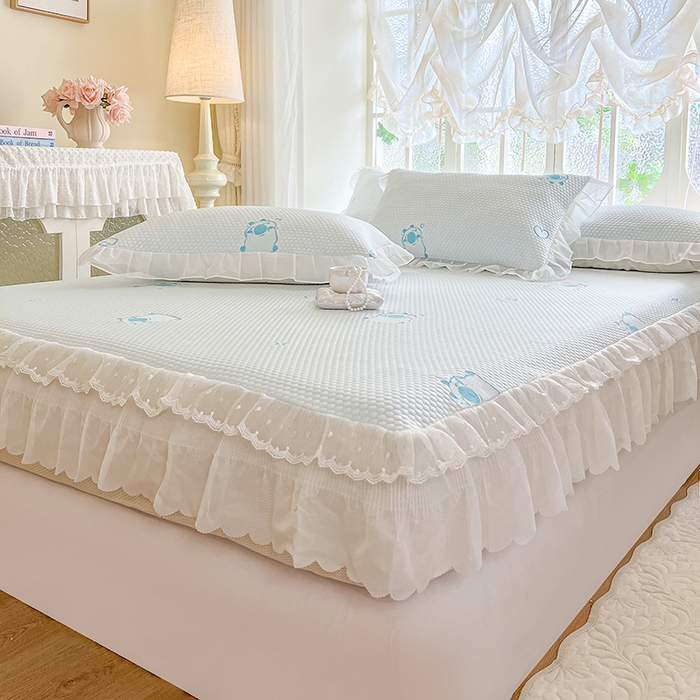 91家纺网 家纺一手货源 找家纺 网红馆（ck家纺） 2026新款小清新床笠式床裙豆豆凉席三件套 可爱巴拉-天蓝