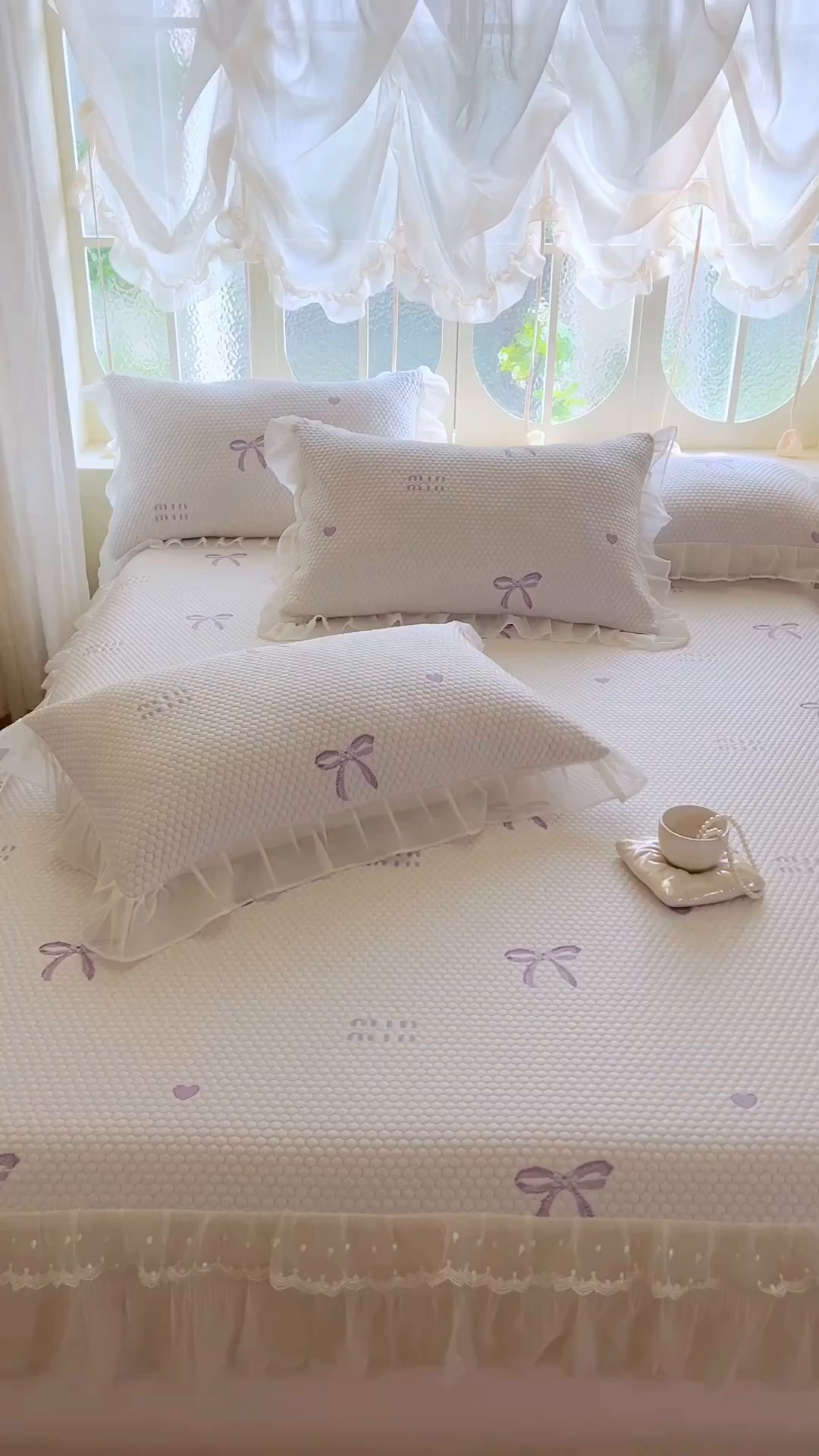 91家纺网 家纺一手货源 找家纺 网红馆（ck家纺） 2026新款小清新床笠式床裙豆豆凉席三件套 甜心蝴蝶-紫