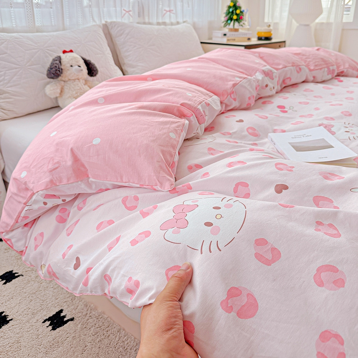 91家纺网 家纺一手货源 找家纺 恩泽家纺 2026春夏新款全棉12868印花四件套单品系列-单被套-提供买家秀，预留缩水率 时尚猫咪粉