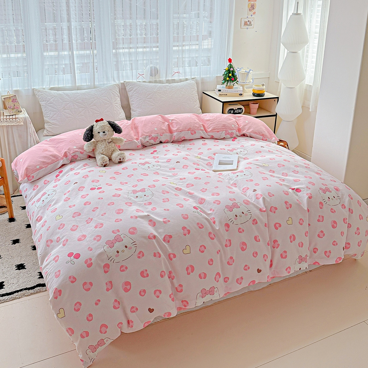 91家纺网 家纺一手货源 找家纺 恩泽家纺 2026春夏新款全棉12868印花四件套单品系列-单被套-提供买家秀，预留缩水率 时尚猫咪粉