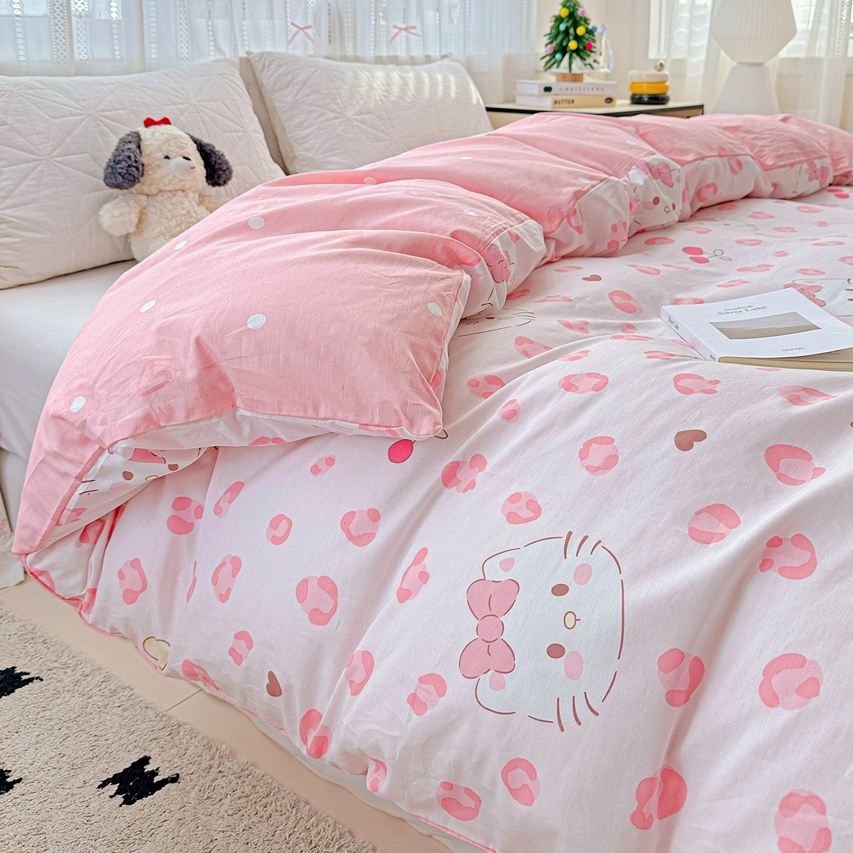 91家纺网 家纺一手货源 找家纺 恩泽家纺 2026春夏新款全棉12868印花四件套单品系列-单被套-提供买家秀，预留缩水率 时尚猫咪粉