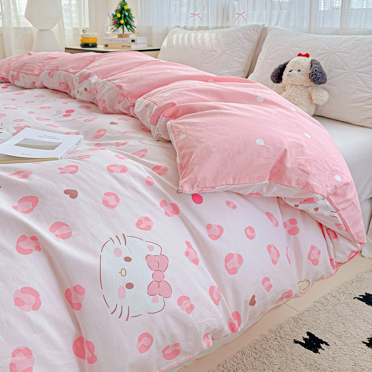 91家纺网 家纺一手货源 找家纺 恩泽家纺 2026春夏新款全棉12868印花四件套单品系列-单被套-提供买家秀，预留缩水率 时尚猫咪粉