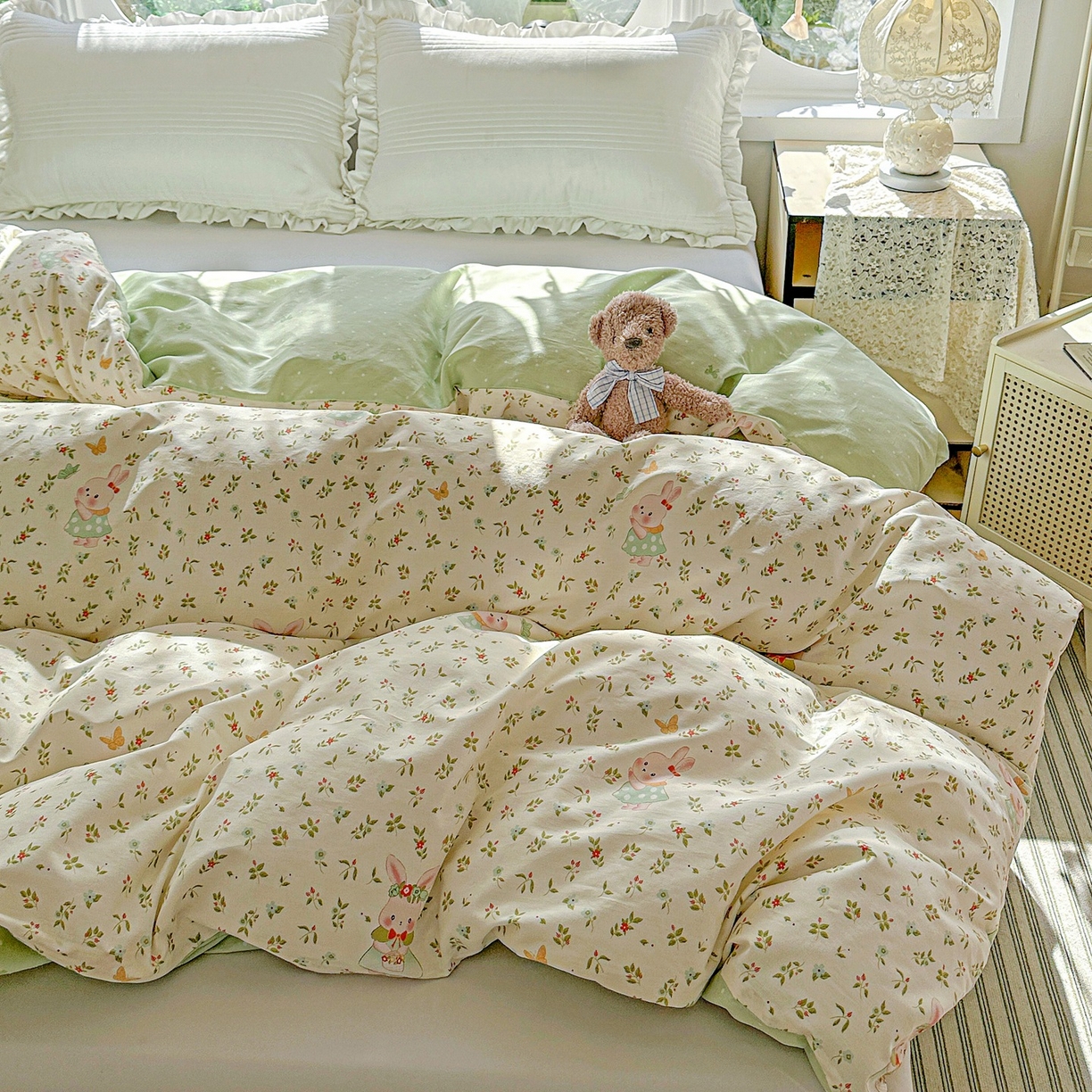 91家纺网 家纺一手货源 找家纺 恩泽家纺 2026春夏新款全棉12868印花四件套单品系列-单被套-提供买家秀，预留缩水率 碎花兔兔