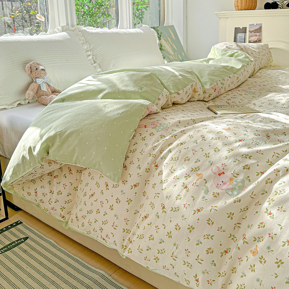 91家纺网 家纺一手货源 找家纺 恩泽家纺 2026春夏新款全棉12868印花四件套单品系列-单被套-提供买家秀，预留缩水率 碎花兔兔