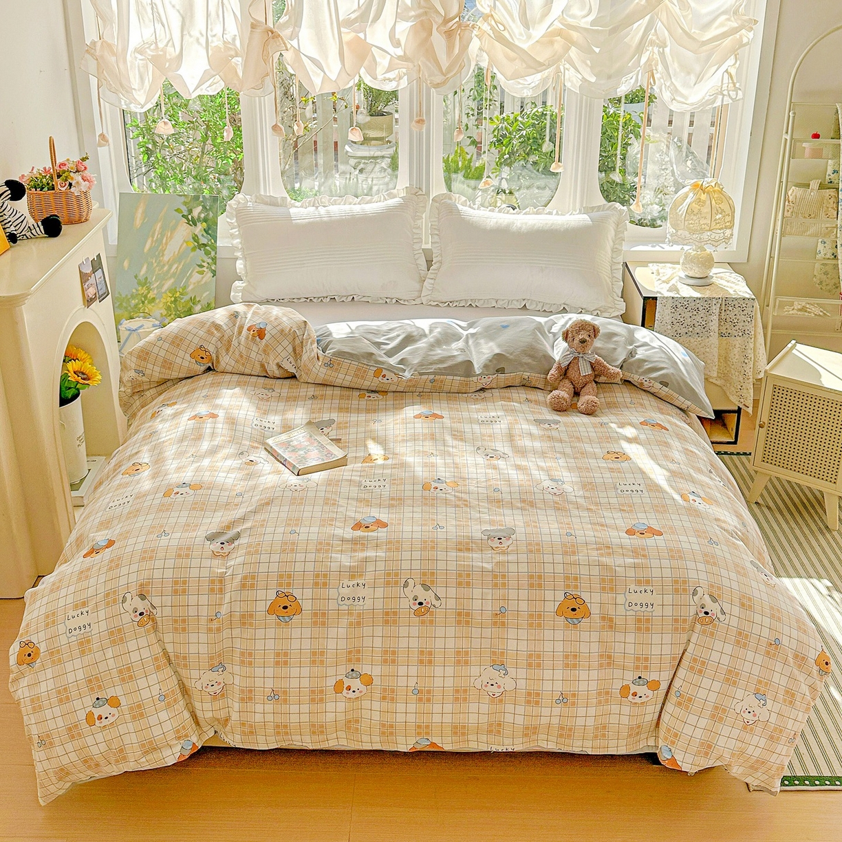 91家纺网 家纺一手货源 找家纺 恩泽家纺 2026春夏新款全棉12868印花四件套单品系列-单被套-提供买家秀，预留缩水率 甜心汪·咖