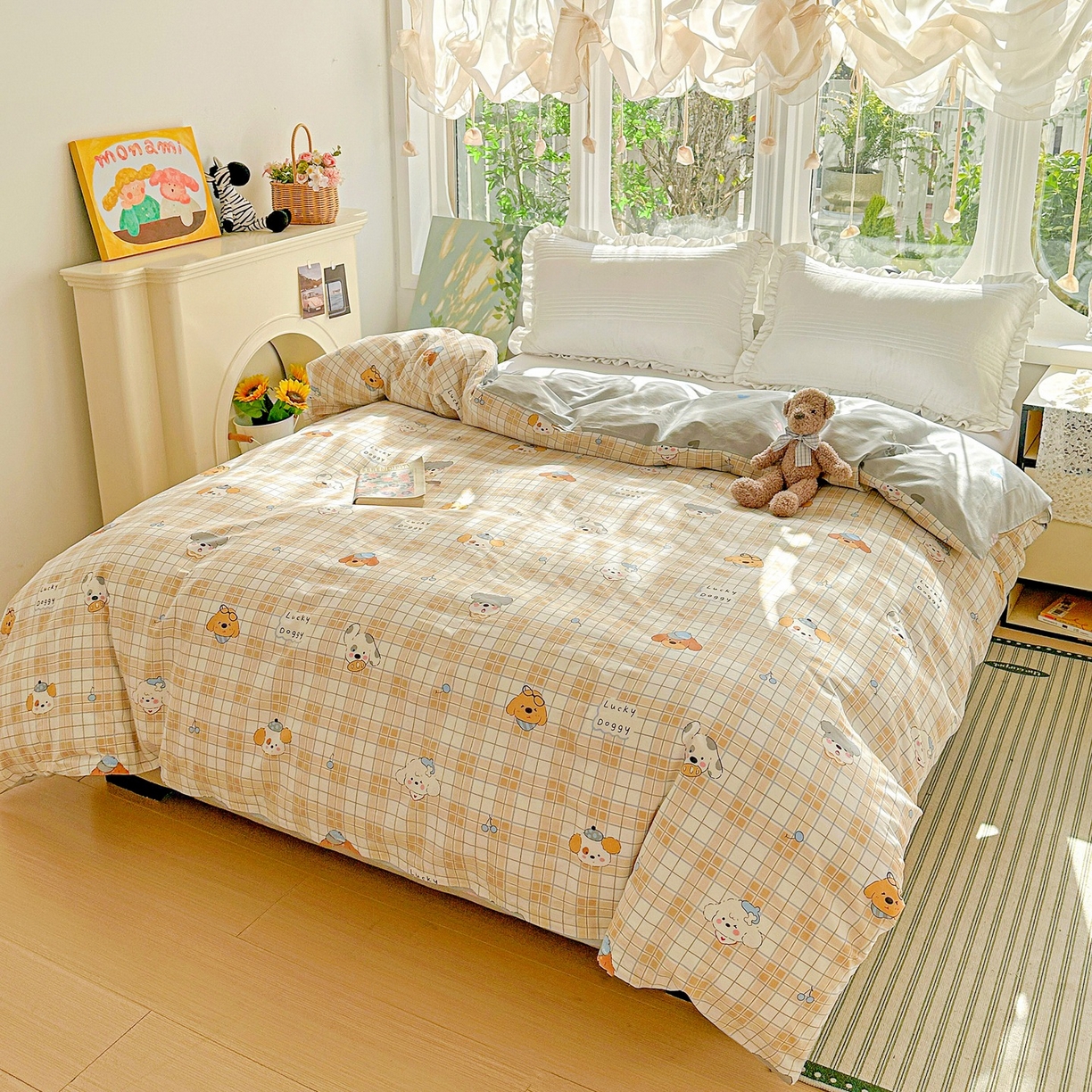 91家纺网 家纺一手货源 找家纺 恩泽家纺 2026春夏新款全棉12868印花四件套单品系列-单被套-提供买家秀，预留缩水率 甜心汪·咖