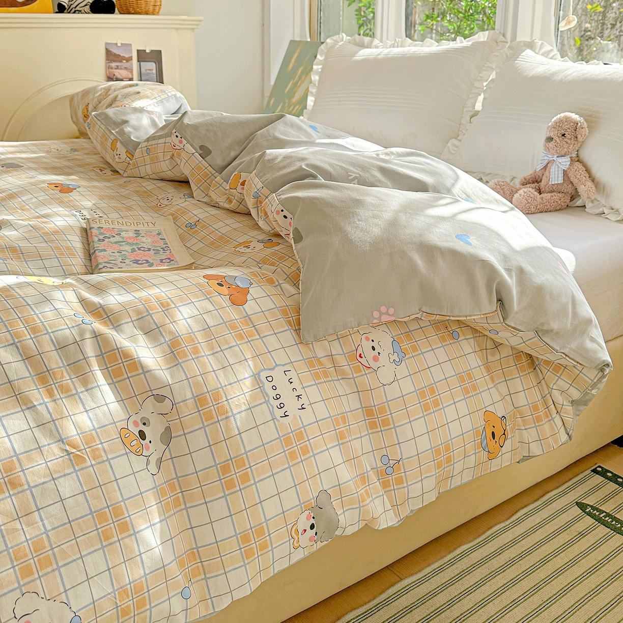 91家纺网 家纺一手货源 找家纺 恩泽家纺 2026春夏新款全棉12868印花四件套单品系列-单被套-提供买家秀，预留缩水率 甜心汪·咖