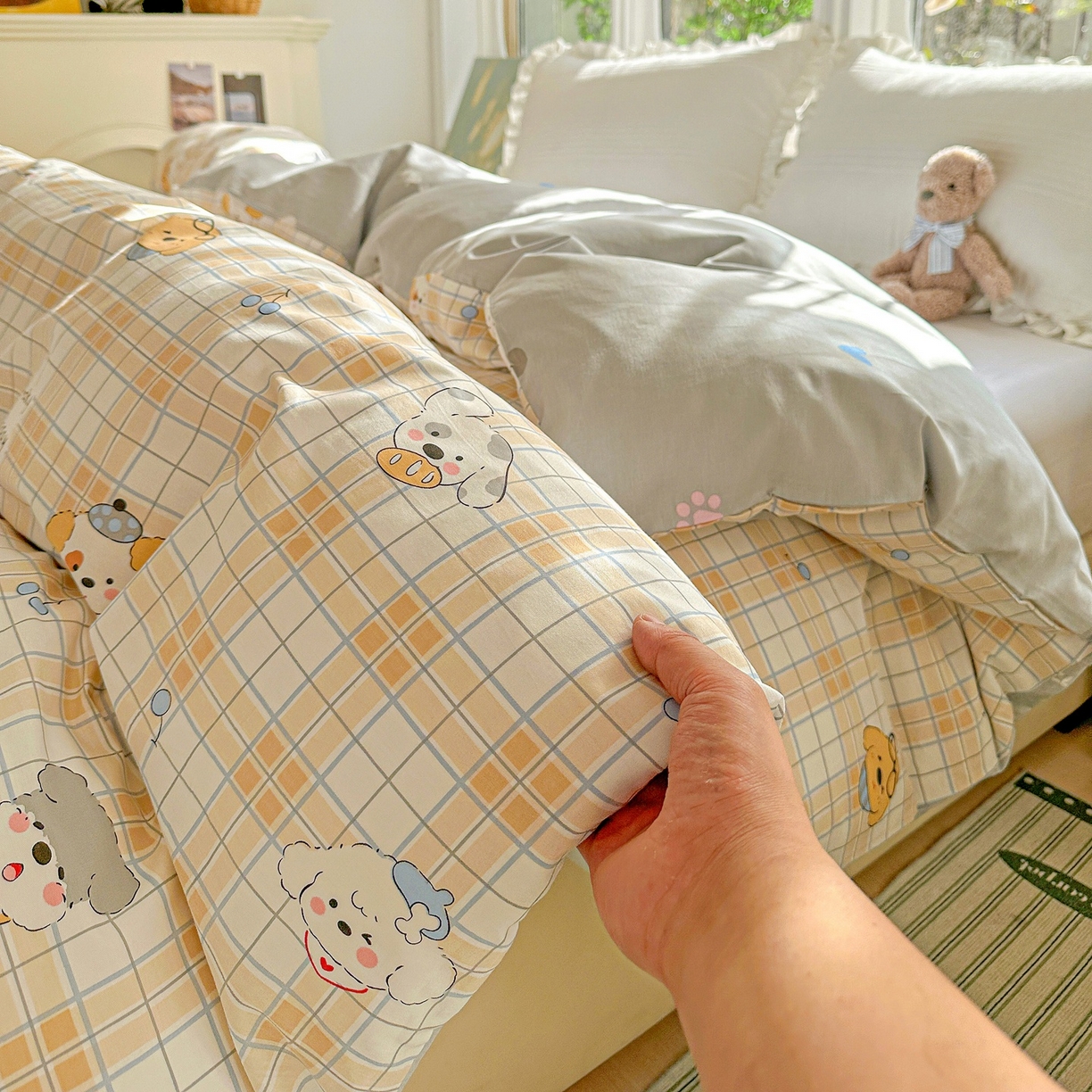 91家纺网 家纺一手货源 找家纺 恩泽家纺 2026春夏新款全棉12868印花四件套单品系列-单被套-提供买家秀，预留缩水率 甜心汪·咖