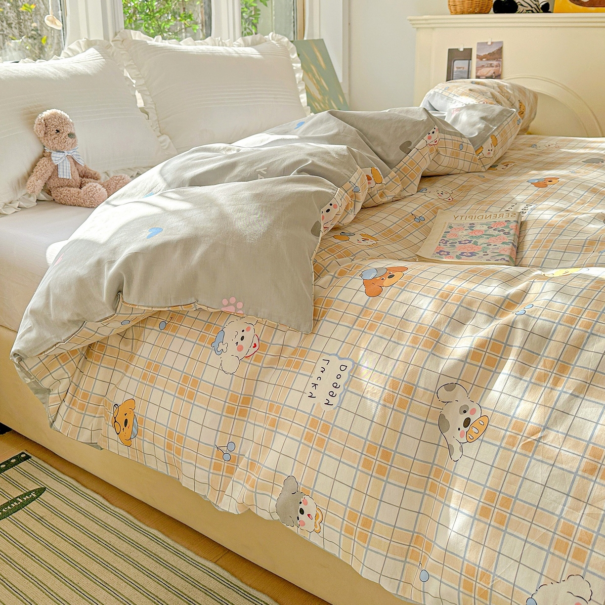 91家纺网 家纺一手货源 找家纺 恩泽家纺 2026春夏新款全棉12868印花四件套单品系列-单被套-提供买家秀，预留缩水率 甜心汪·咖