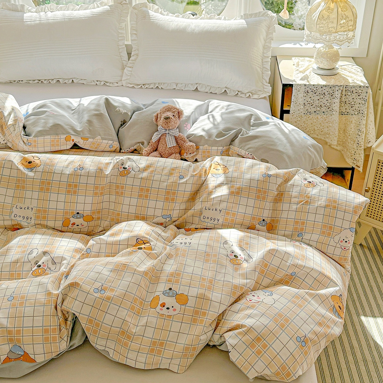 91家纺网 家纺一手货源 找家纺 恩泽家纺 2026春夏新款全棉12868印花四件套单品系列-单被套-提供买家秀，预留缩水率 甜心汪·咖