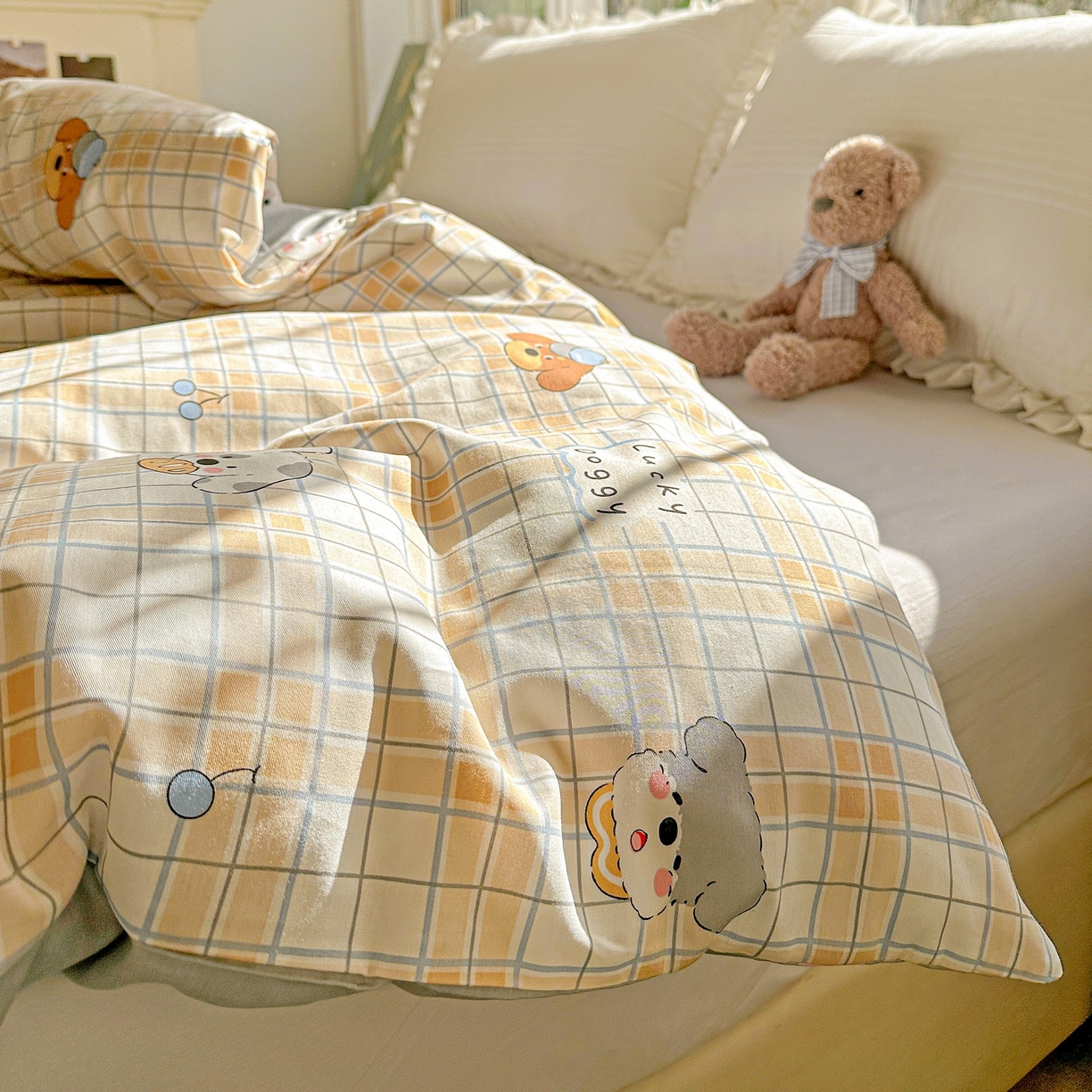 91家纺网 家纺一手货源 找家纺 恩泽家纺 2026春夏新款全棉12868印花四件套单品系列-单被套-提供买家秀，预留缩水率 甜心汪·咖