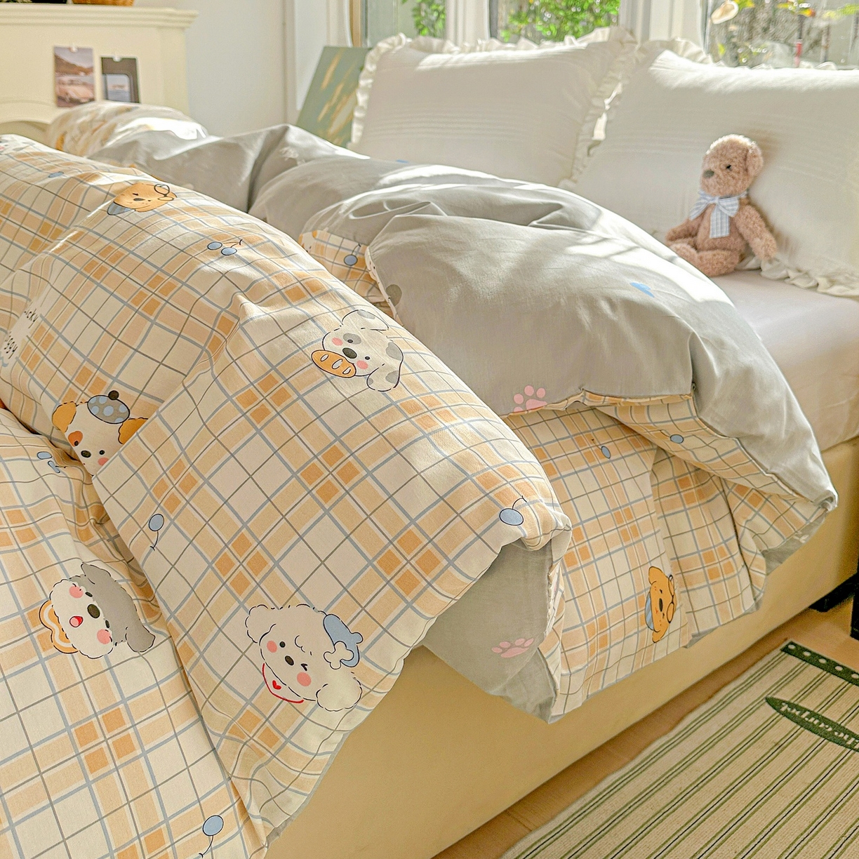 91家纺网 家纺一手货源 找家纺 恩泽家纺 2026春夏新款全棉12868印花四件套单品系列-单被套-提供买家秀，预留缩水率 甜心汪·咖