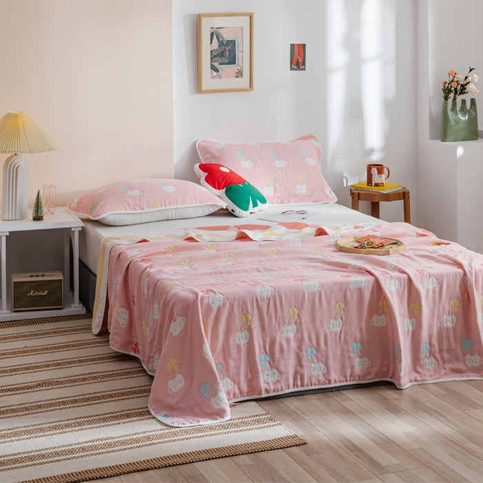 91家纺网 家纺一手货源 找家纺 朴尔家纺-毛巾被 2026春夏新款六层全棉纯棉纱布毛巾被夏被夏凉被空调被 杯中叶语-粉