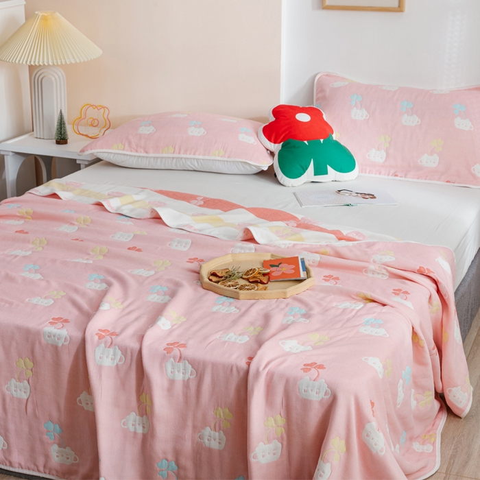 91家纺网 家纺一手货源 找家纺 朴尔家纺-毛巾被 2026春夏新款六层全棉纯棉纱布毛巾被夏被夏凉被空调被 杯中叶语-粉